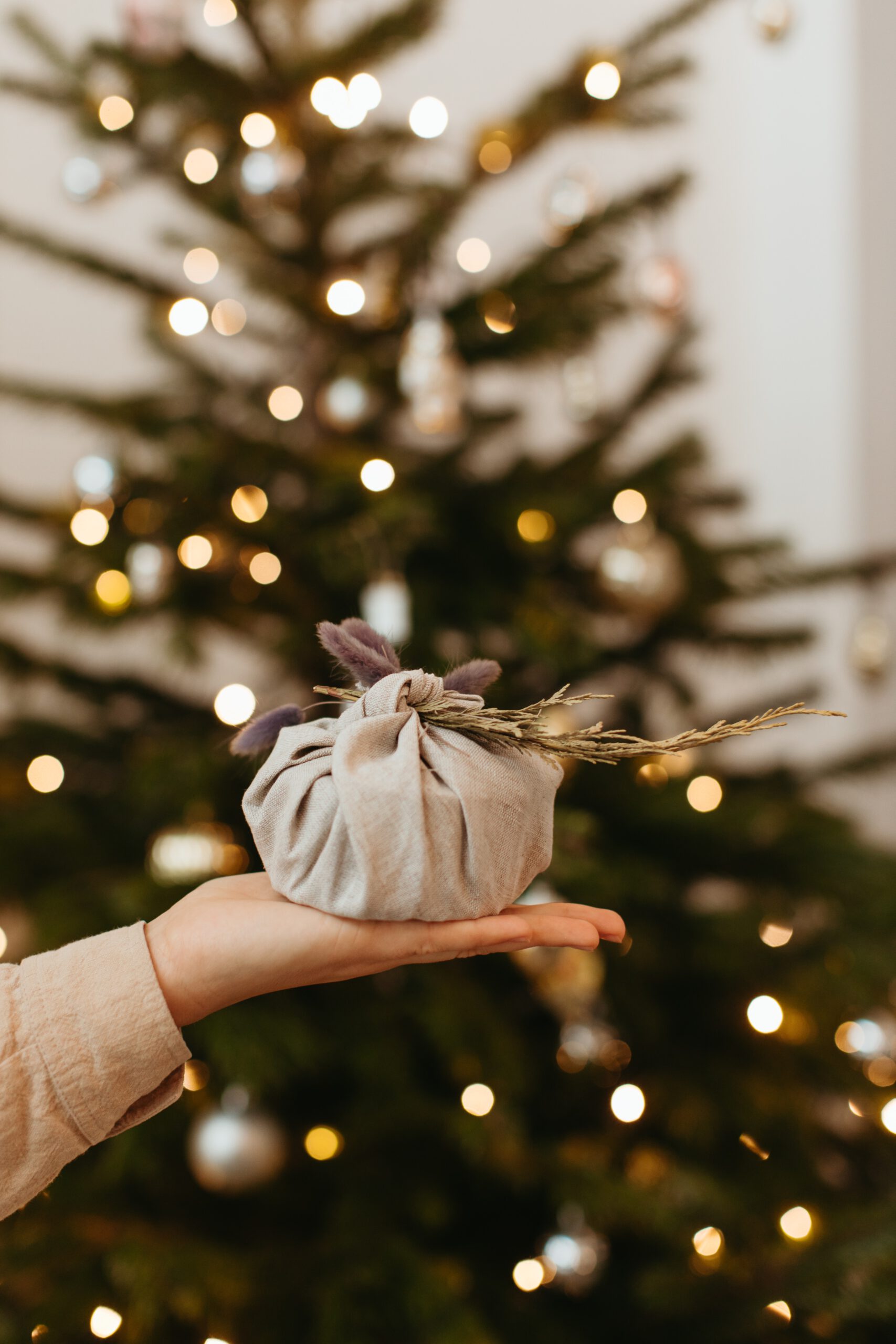 Eine Hand hält ein in einen Stoff gewickeltes Geschenk.